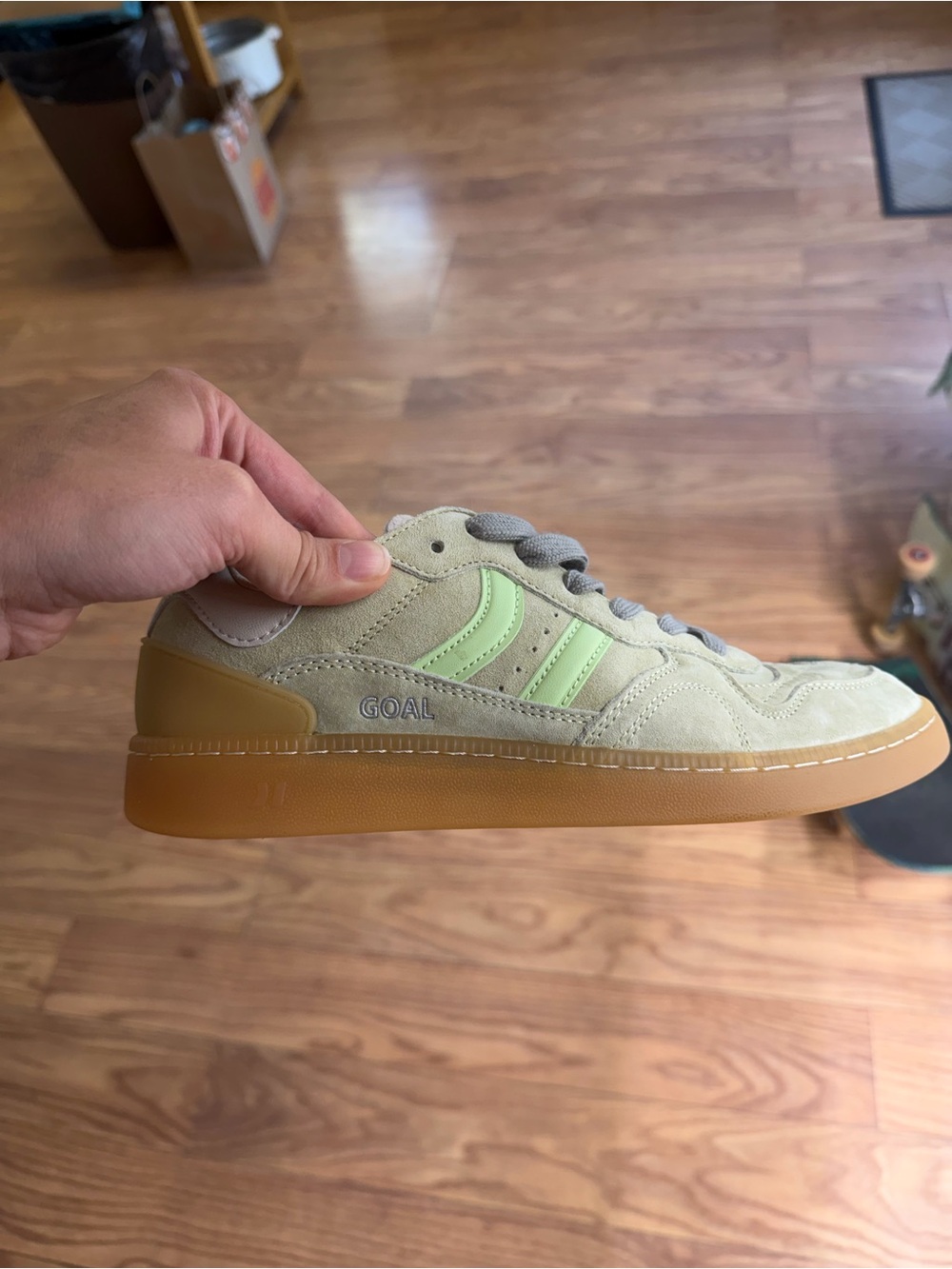 Coolway Men's Suede Sneaker in Beige with Lime Accents